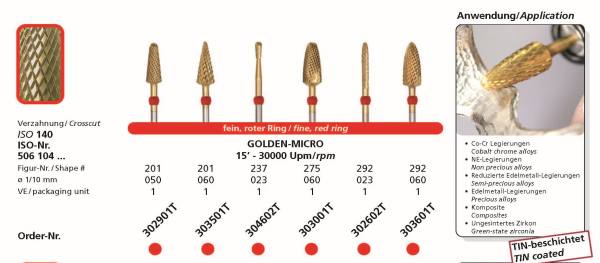 Hartmetallfräse DIADUR GOLDEN MICRO - NE-Legierung, Co-CR, Edelmetall, reduzierte Edelmetalle, Komposite