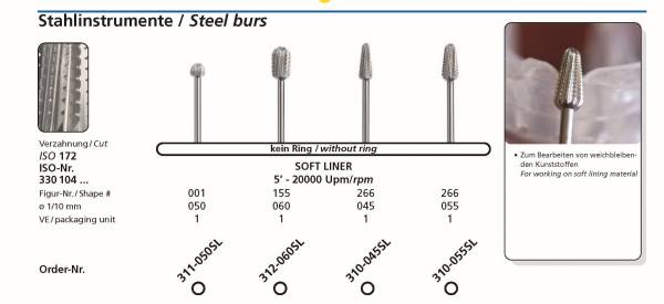 Stahlinstrumente im Schaft HP 104 - in 4 unterschiedlichen Figuren zur Bearbeitung von weichbleibenden Kunststoffen