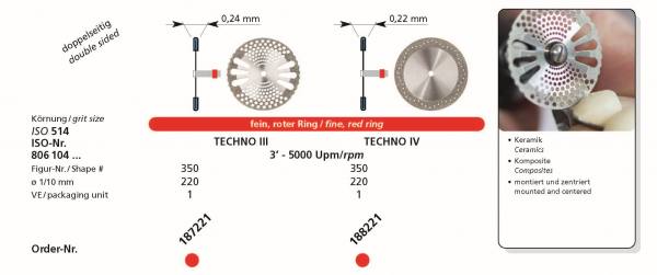 Flexible Diamantscheibe TECHNO III und IV - für Keramik und Komposite - montiert geliefert Durchmesser 220 . Blattstärke TECHNO III - 0,24 mm - Blattstärke TECHNO IV - 0,22 mm - doppelseitig belegt