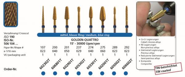 Hartmetallfräsen DIADUR Golden QUATTRO - Co-Cr, NE-Legierung, Edelmetall-Legierung - reduzierte Edelmetalllegierungen