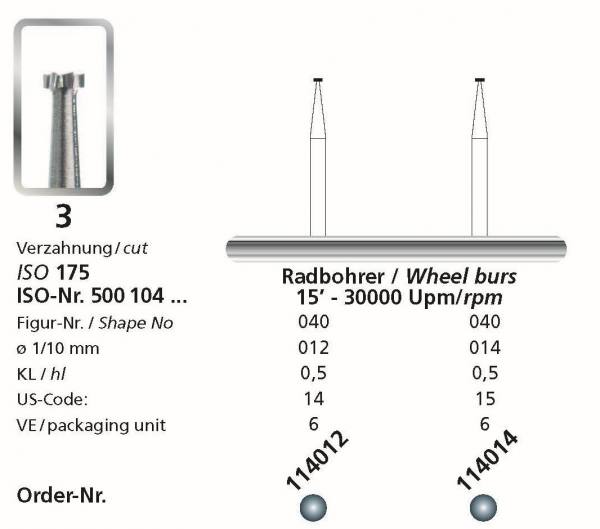 Hartmetall Radbohrer Kopfgrössen 012 und 014 - Schaft 104 HP - VPE 6 Stck.